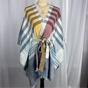 Poncho Sleeveless Wrap Shawl Tie Closure OS Bold Plaid Lightweight Boho READ